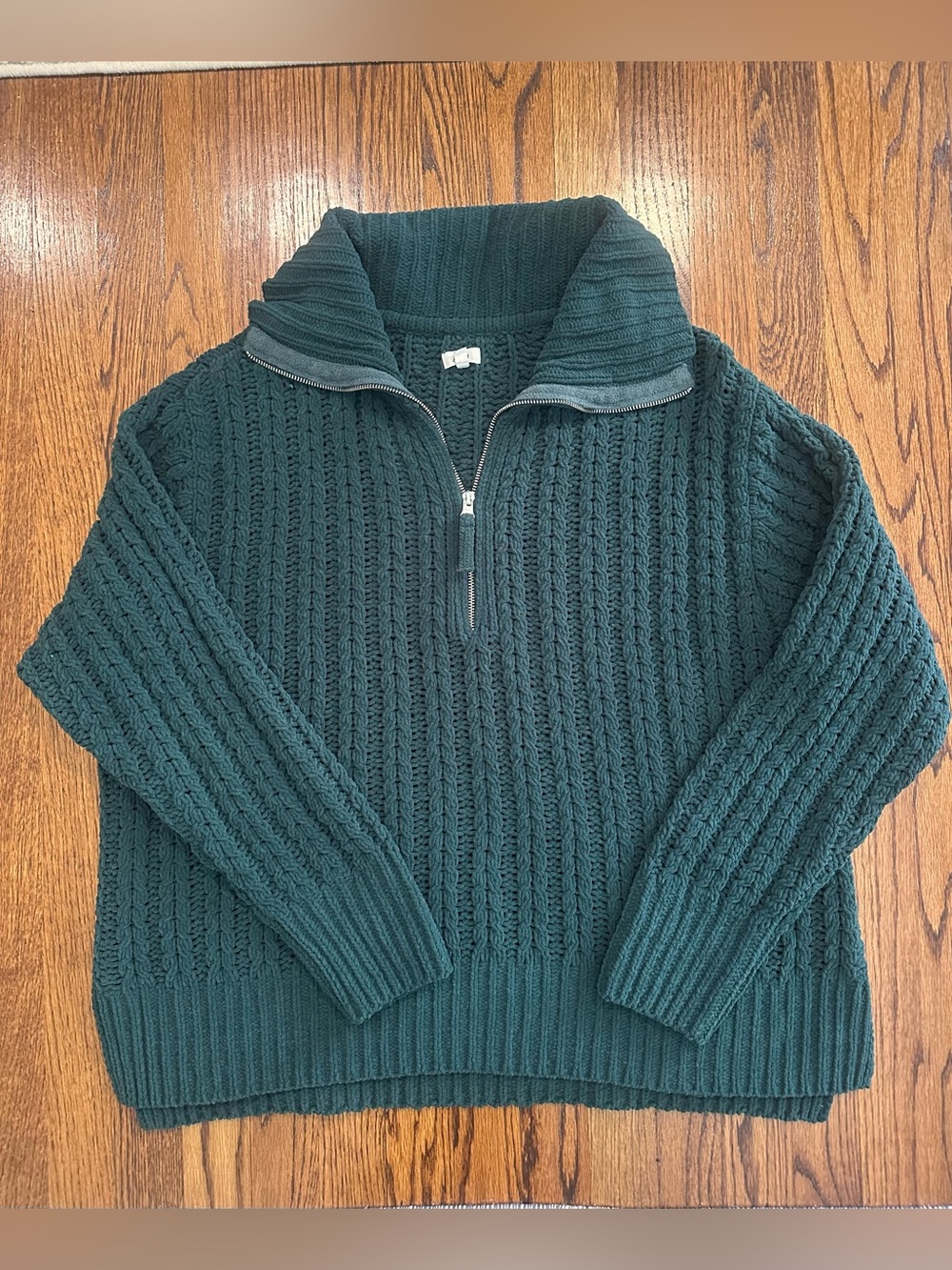 Aerie Cable Car Quarter-Zip Chunky Knit Dark Green Sweater - Large